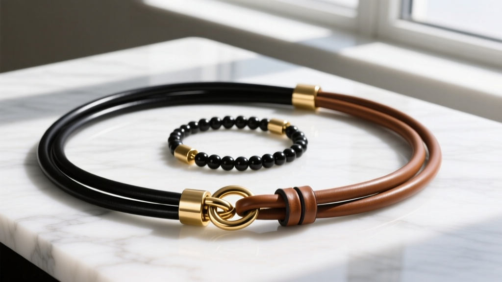 Flat lay of black and cognac leather cords, brass end caps, crimp beads, and a sliding knot clasp on a clean marble surface.