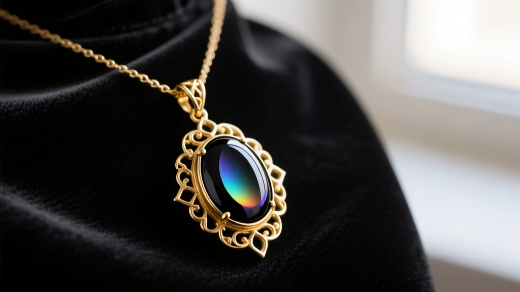 Close-up of a vintage gold mood necklace pendant with a dark black oval thermochromic stone resting on a dark velvet cloth.