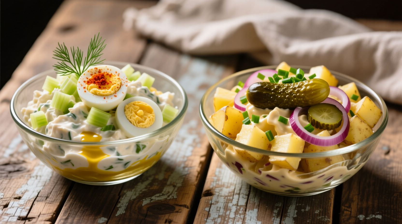 Egg salad and potato salad side by side comparison