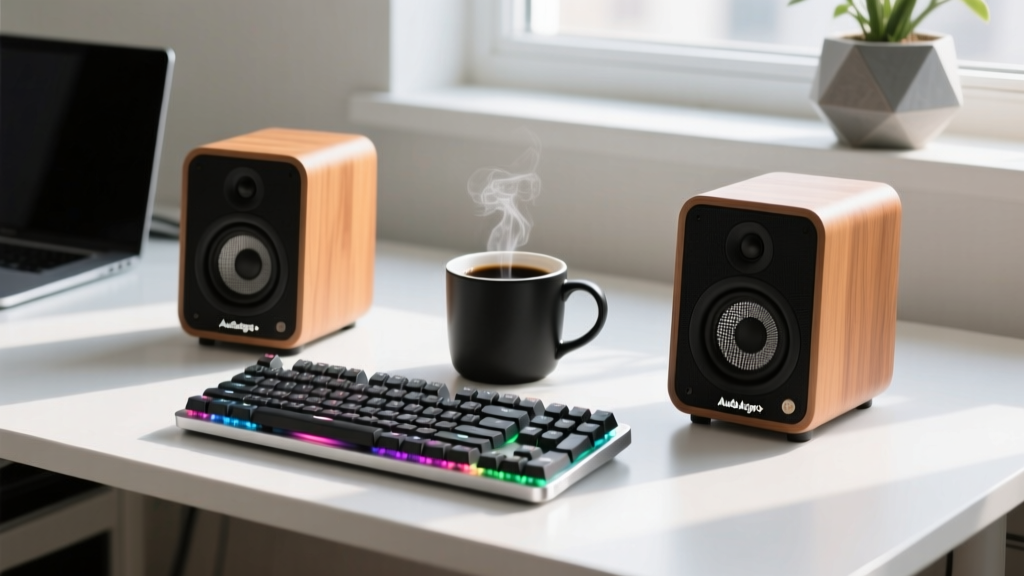 Audioengine A2+ wireless desktop speakers placed symmetrically on standing desk next to mechanical keyboard and a cup of black coffee