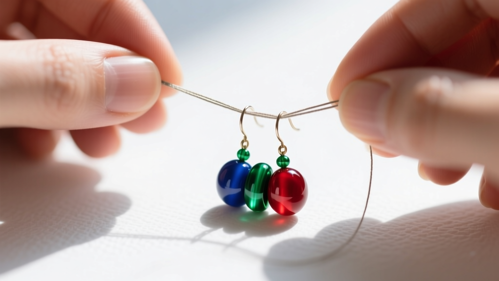 Hands pulling Nymo thread taut through a woven seed bead earring to show precise tension control under bright lighting.