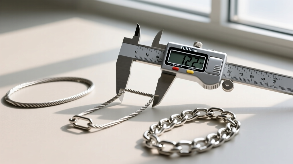 Flat lay of three silver chain types next to a digital caliper measuring a 1.2mm cable chain thickness on a jeweler's workbench.