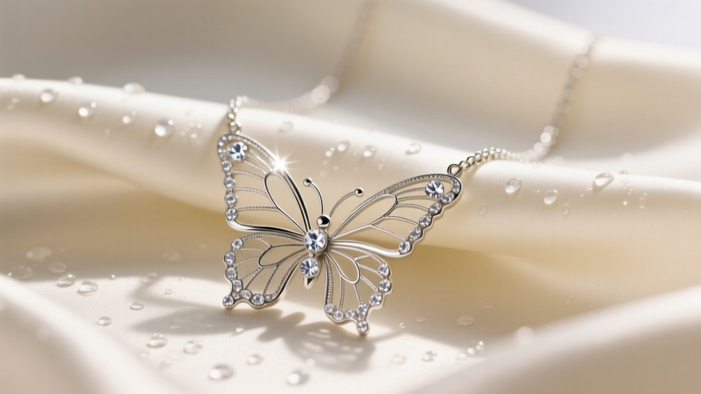 Silver-tone Brighton butterfly necklace on cream silk, showing intricate wing filigree details and sparkling clear crystal accents