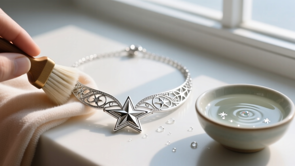 Microfiber cloth gently buffing the rhodium-plated surface of an elf-star necklace, with a small bowl of mild soapy water nearby.