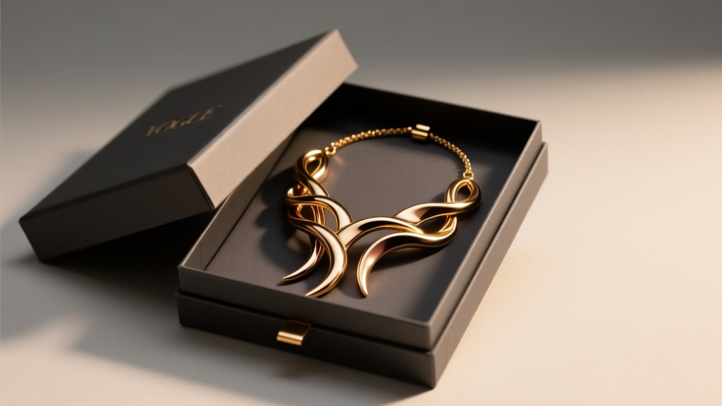 Opened avant-garde jewelry gift box revealing a necklace of tongues piece, illuminated by soft warm ambient studio lighting setup.