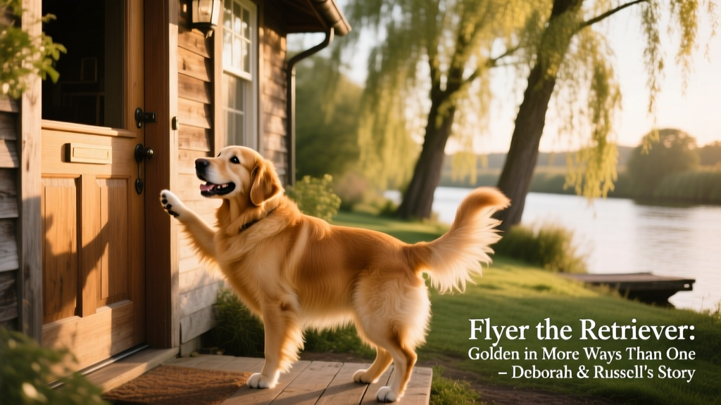 Flyer enthusiastically greeting visitors at the front door of his riverside home