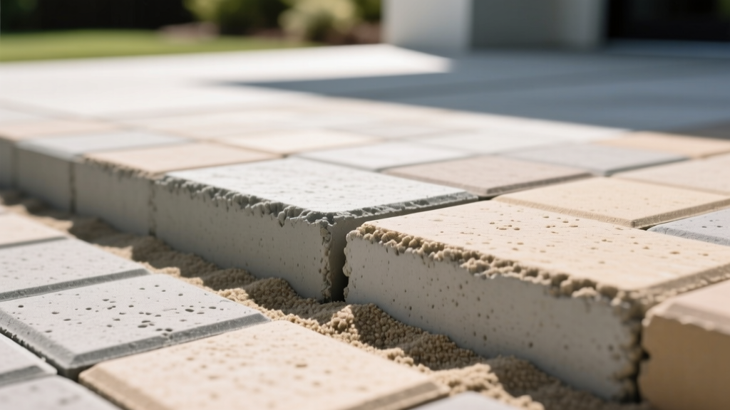 Close-up of a perfectly screeded 4000 PSI concrete slab meeting an interlocking ASTM C936 paver patio edge with polymeric sand joints