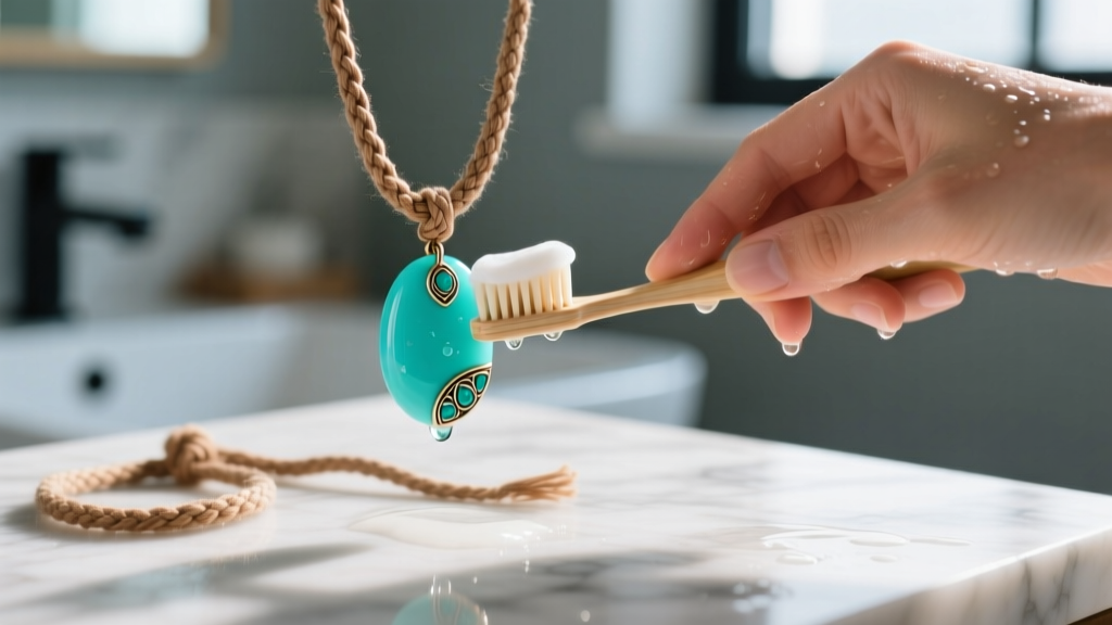 Hands applying pH-neutral soap to a wet soft-bristled toothbrush to clean a turquoise pendant on a woven cotton cord necklace.