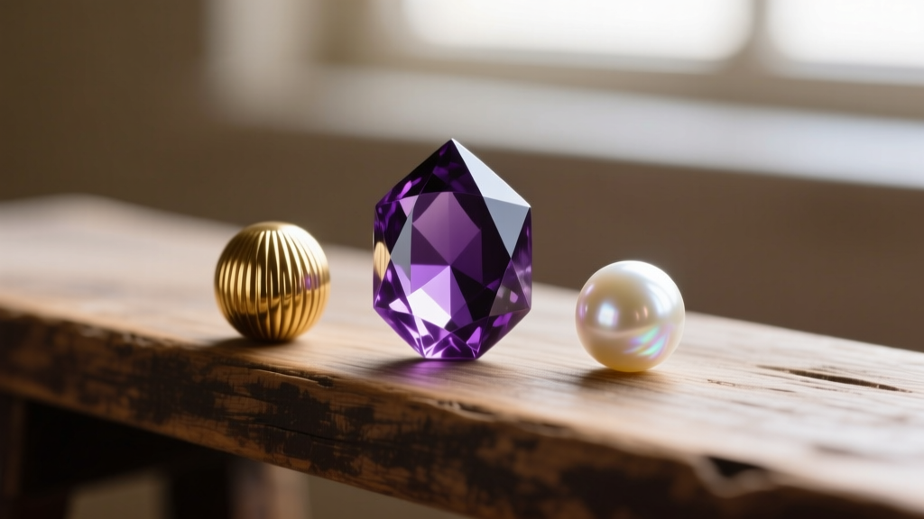 Three vintage beads on a bench: a faceted amethyst, a ribbed 14k gold bead, and a round pearl under bright natural window light.