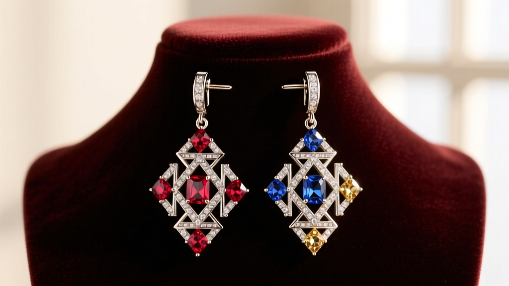 Converted Art Deco rhinestone drop earrings on a velvet bust, showcasing secure titanium friction posts and clean metal joints.
