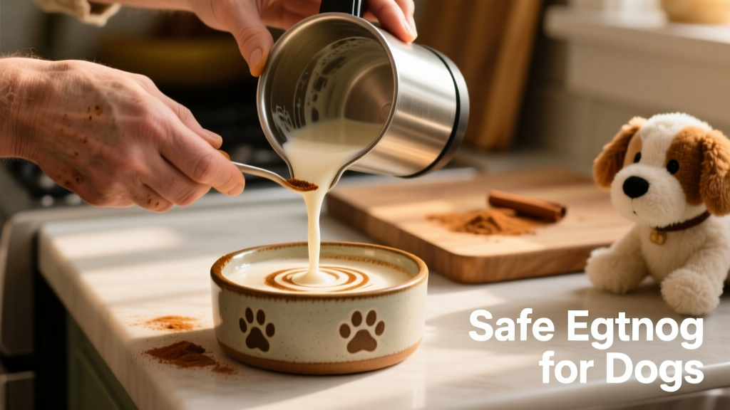 Close-up of hands pouring creamy eggnog mixture from a blender into a small dog-safe ceramic bowl