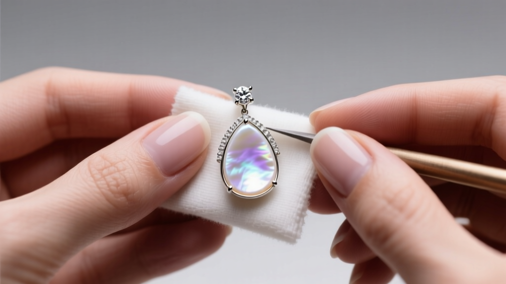 Jeweler hands using a soft microfiber cloth to gently polish a pristine white mother of pearl teardrop earring bezel setting