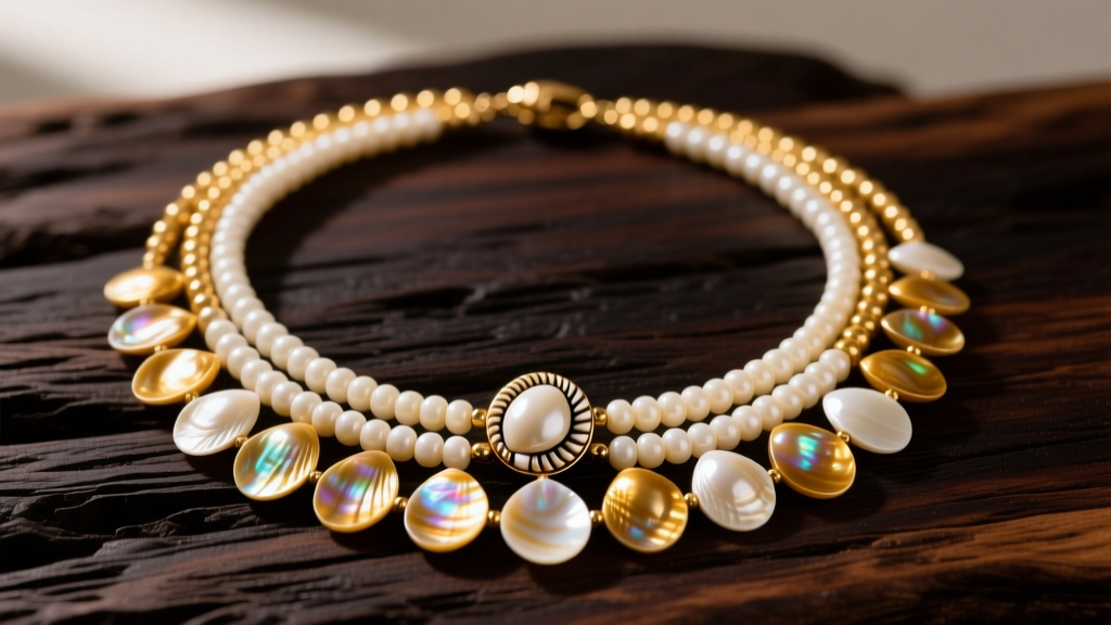 Multi-strand Niihau shell necklace with rare golden kahelelani shells and a polished cowrie clasp resting on dark koa wood.
