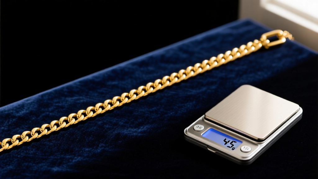Flat lay of a 14k yellow gold 12mm Cuban chain next to a digital jewelry scale showing 45 grams, on a dark velvet surface