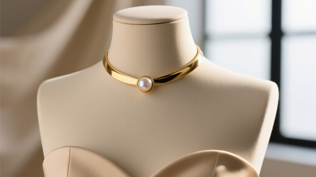 Close-up of a 14k gold vermeil choker with a 5mm freshwater pearl on a mannequin with a strapless sweetheart neckline, soft focus