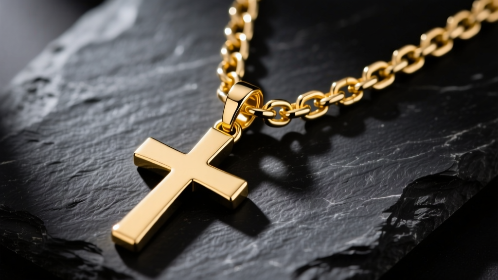 Close-up of a 14k yellow gold triple cross necklace on dark slate, highlighting intricate bail mechanics and heavy chain links.