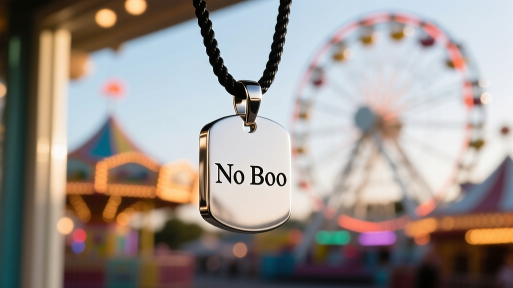 Close-up of a custom 316L stainless steel pendant engraved with No Boo on a rope chain against a blurred theme park background.