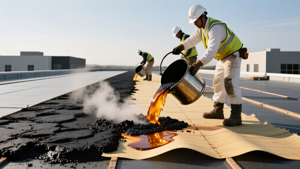 Roofing crew pouring hot asphalt from a kettle onto fiberglass ply sheets during a commercial built-up roof installation on a flat deck