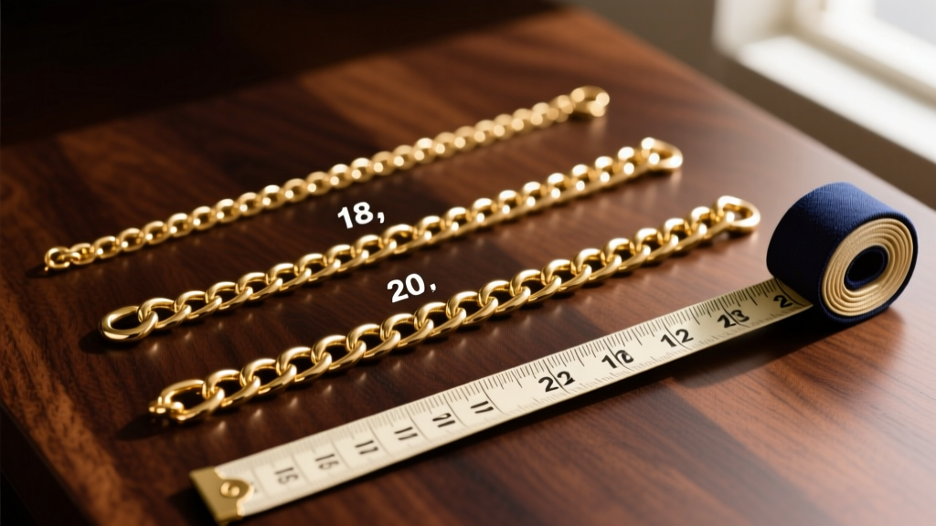 Flat lay of three gold chains measured at 18, 20, and 22 inches with a fabric measuring tape on a dark wooden surface