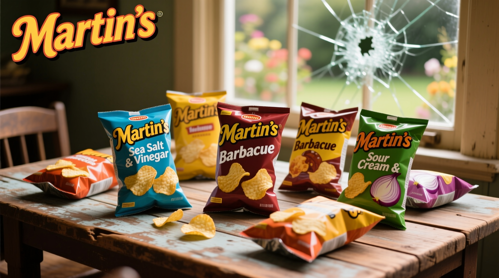 Martin's potato chips varieties displayed on wooden table