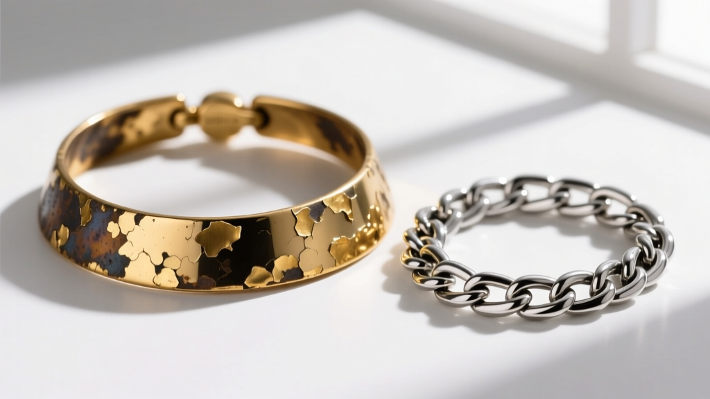 Tarnished brass necklace with peeling gold plating shown next to a pristine stainless steel PVD coated chain for direct comparison