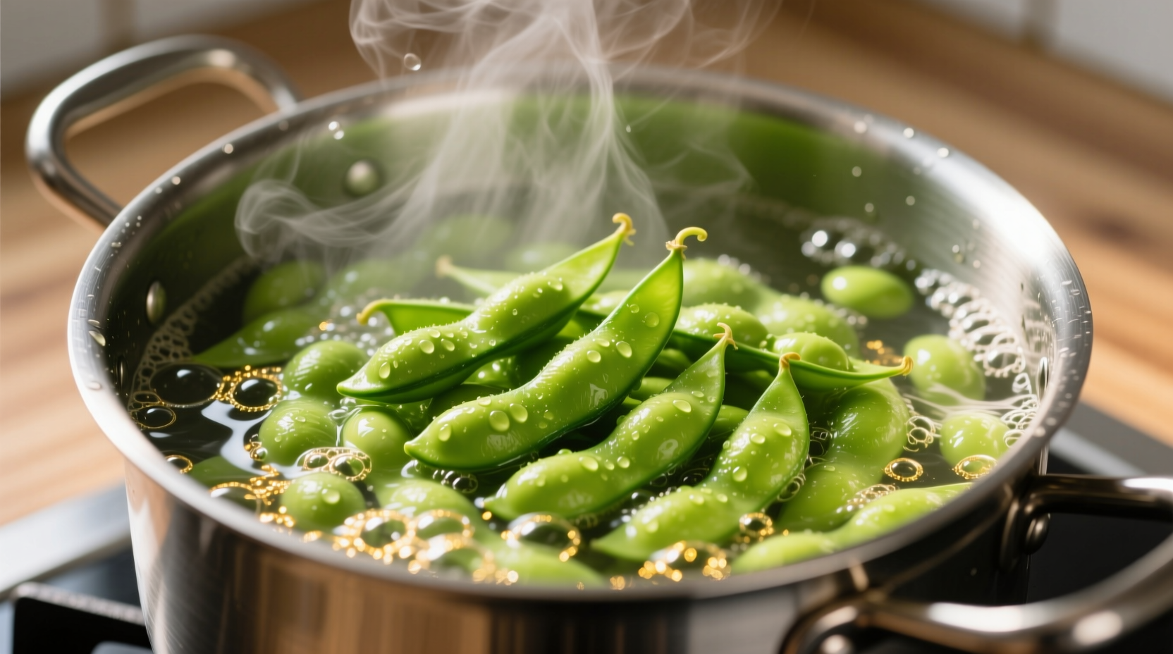 Fresh green edamame pods in boiling salted water