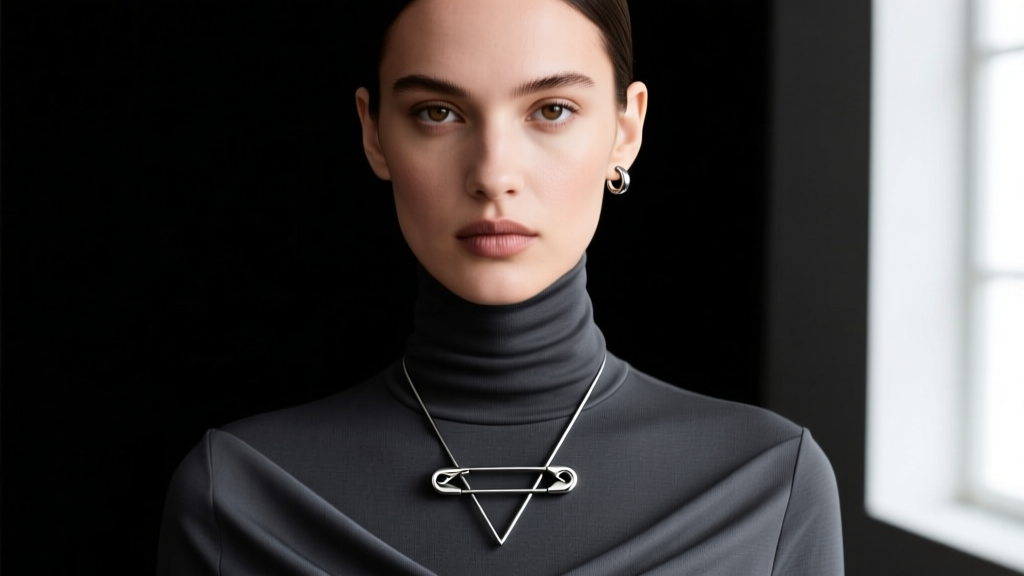 Model wearing a layered stack with a 16-gauge surgical steel safety pin pendant catching light against a dark charcoal turtleneck