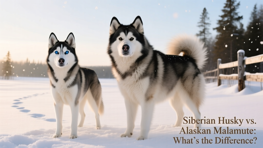 Side-by-side comparison of a Siberian Husky and an Alaskan Malamute standing calmly on snow