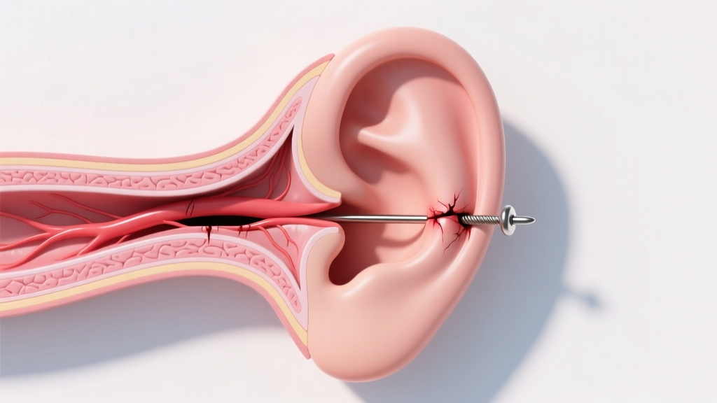 Medical cross-section illustration of an earlobe fistula showing epithelial tissue lining a fully healed 18-gauge piercing hole