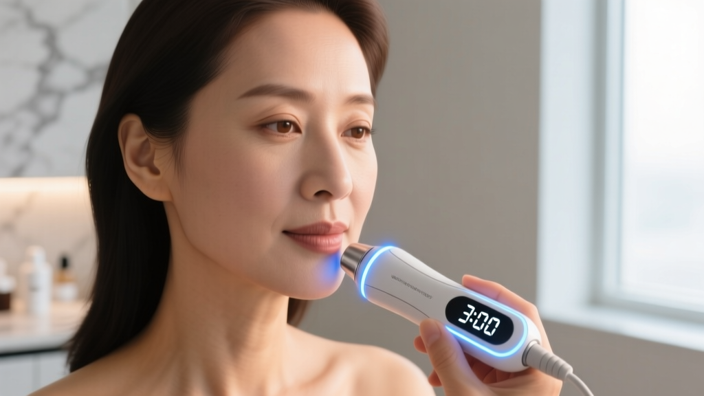 Close-up of a woman using a multi-depth radiofrequency device on her jawline while a digital timer displays a three-minute session.