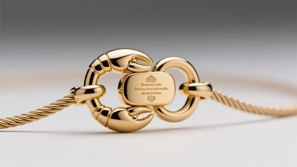 Macro shot of a gold vermeil lobster clasp on a delicate cable chain, highlighting the metal stamp and secure closure mechanism