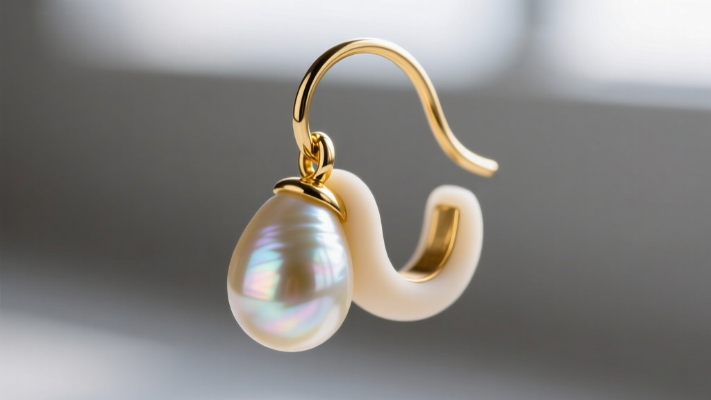 Close-up of an 18-gauge gold leverback earring wire with a silicone support pad, securely holding a heavy 15-gram teardrop pearl