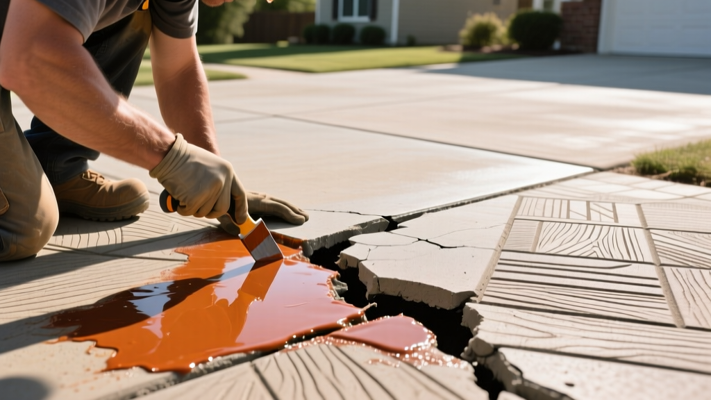 Close-up of a contractor repairing a cracked stamped concrete patio next to a smooth brushed concrete driveway using color-matched epoxy