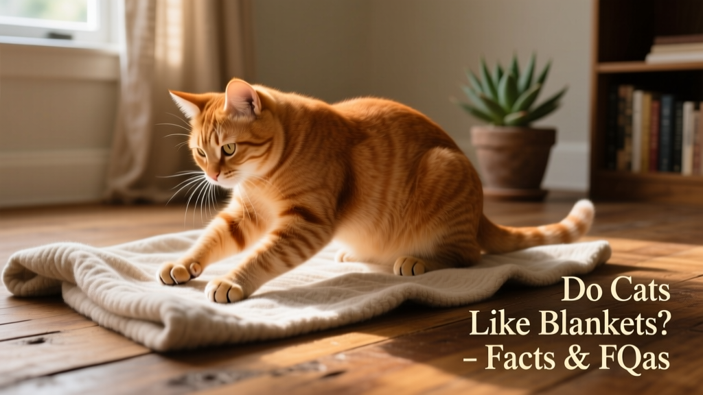 Close-up of a ginger cat kneading a soft, neutral-toned cotton blanket on a wooden floor