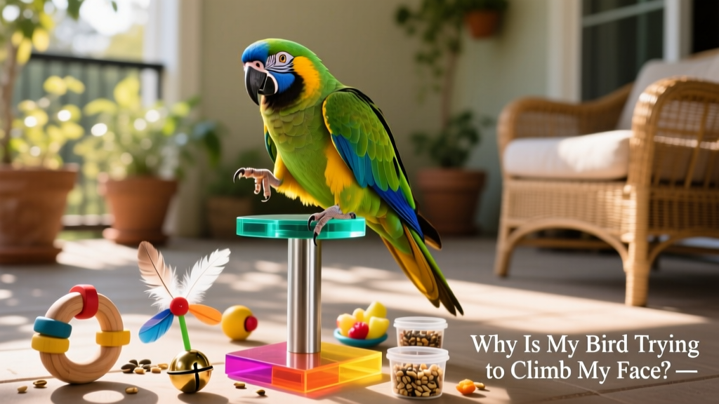 A calm, confident bird perched on a colorful T-stand with toys and treats nearby