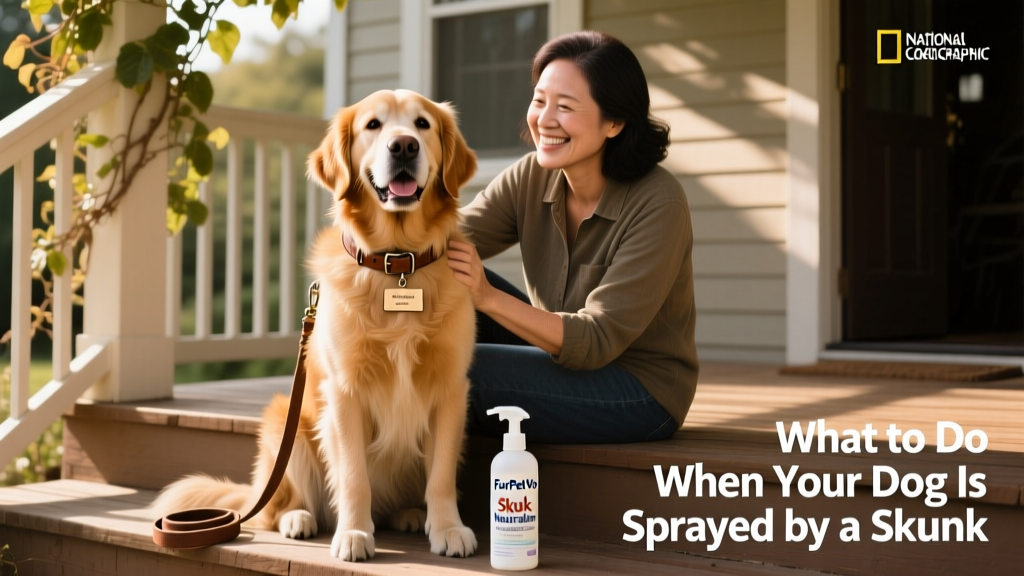 Happy dog sitting calmly beside owner on porch, clean and dry, with leash and empty bottle of FurPetVo Skunk Neutralizer nearby