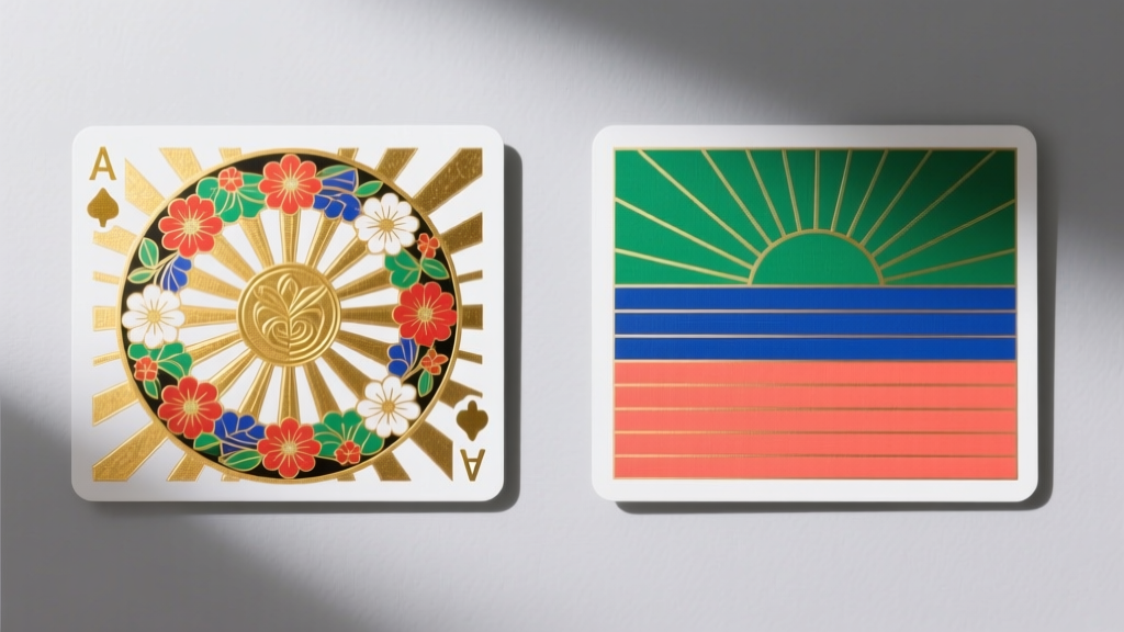 Side-by-side view of the original sunburst Hanafuda design and the altered horizontal-line version on a neutral grey backdrop