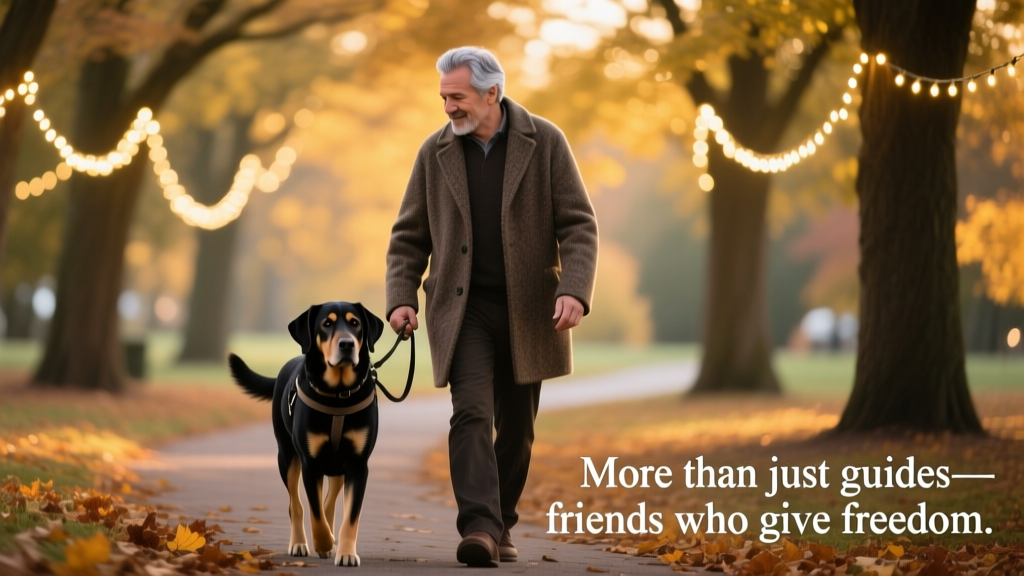 Paul walking with guide dog Maple in a park with Christmas lights