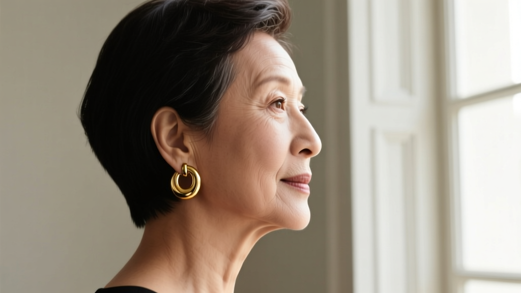 Side profile of a woman in her 50s with a short pixie cut wearing 25mm medium gold hoops, highlighting her jawline and neck.