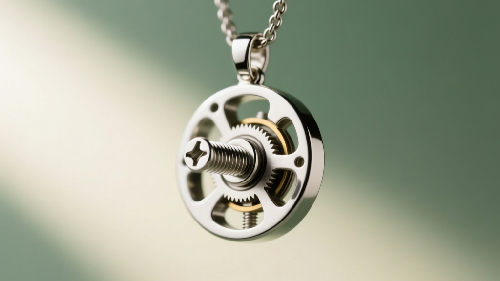 Macro shot of a sterling silver screw-thread mechanism on a botanical press pendant, highlighting precise metal machining details