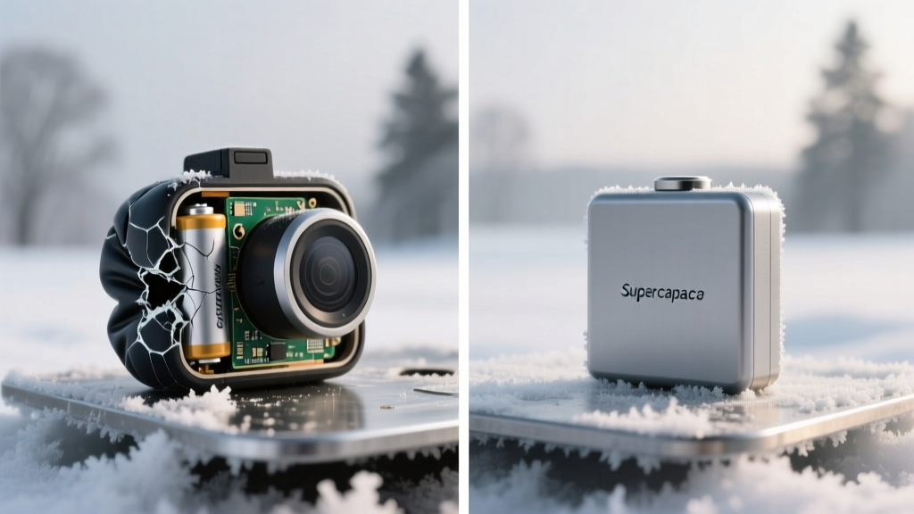 Split-screen showing a swollen lithium battery dash cam next to a supercapacitor-based model surviving a frosty winter morning test.