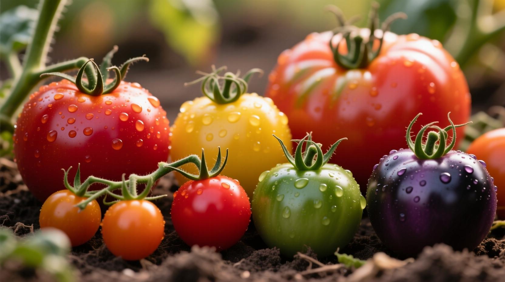 Close-up of various tomato varieties showing different colors and sizes