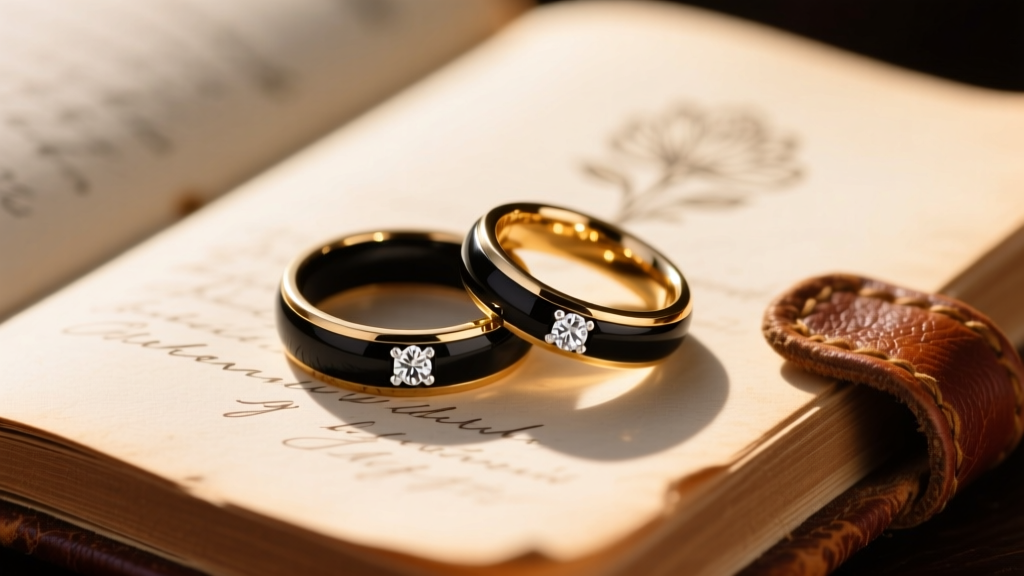 Two interlocking black gold wedding bands with diamond accents resting on a vintage leather journal in bright warm sunlight.
