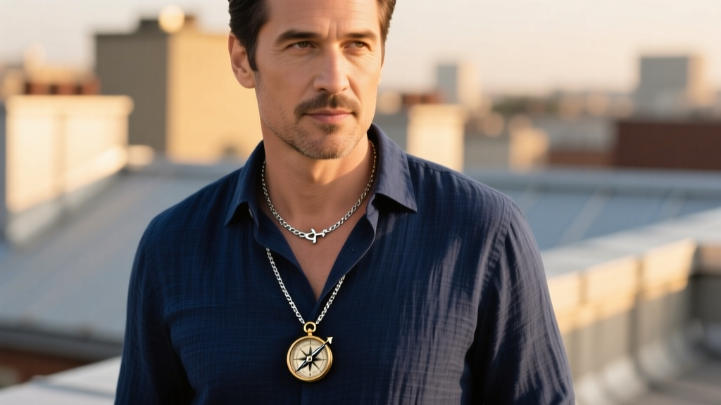 Man wearing an 8mm sterling silver anchor chain over a navy linen shirt, with a compass pendant resting near the collarbone.