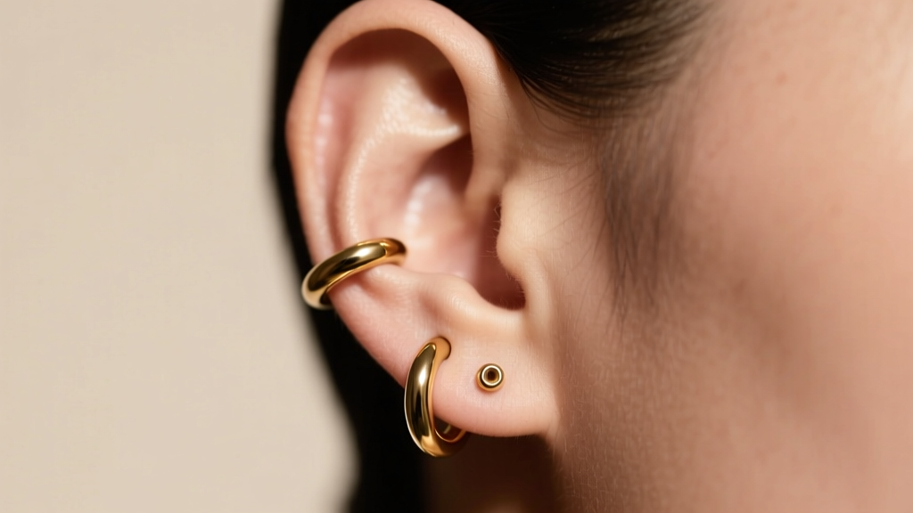 Single 14k gold threadless helix cuff on a left ear, lit by soft studio lighting against a clean neutral beige background
