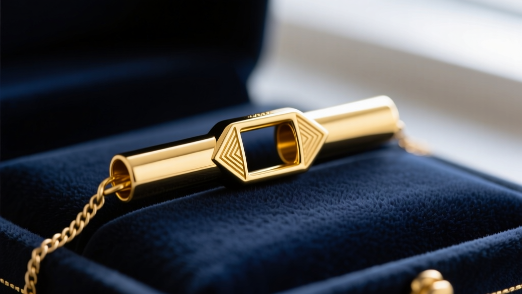 Close-up of a polished 14k yellow gold tube magnetic clasp connecting a delicate cable chain on a dark velvet jewelry display pad.