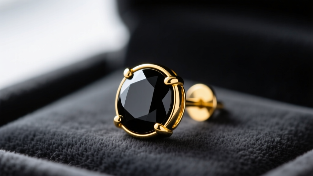 Macro shot of a 6mm black onyx cabochon stud earring in 14k yellow gold with a secure bezel setting, resting on dark slate velvet