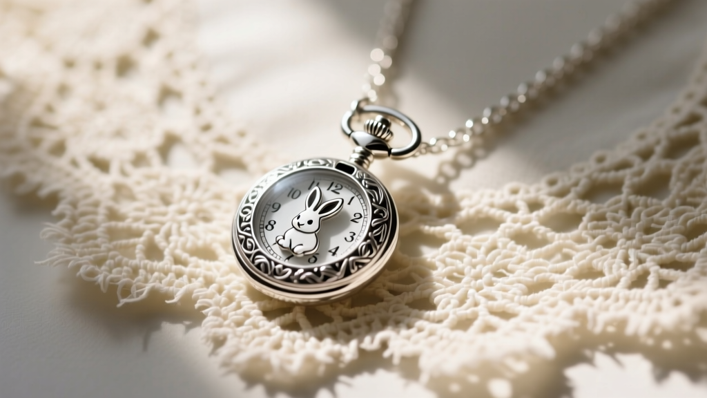 Close-up of a sterling silver Alice in Wonderland necklace with a White Rabbit pocket watch pendant resting on vintage lace.