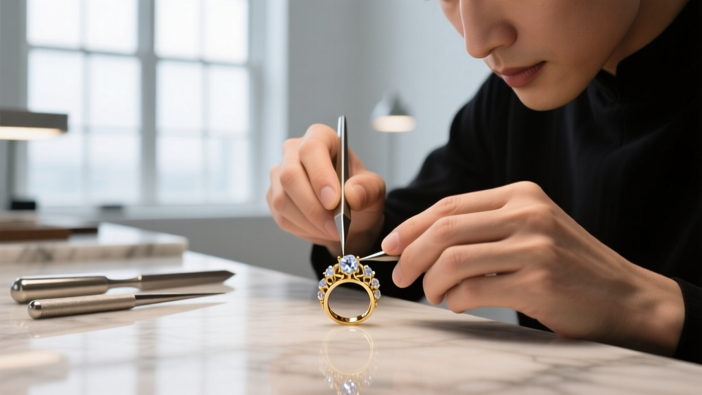 Jeweler's loupe examining a stamped hallmark on the back of a heavy sterling silver Naja crescent pendant under bright LED light.