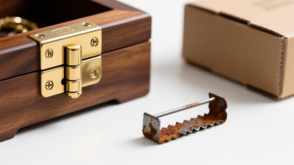 Detailed view of a solid brass piano hinge on a luxury wooden jewelry box next to a rusted steel staple from a cheap budget box.